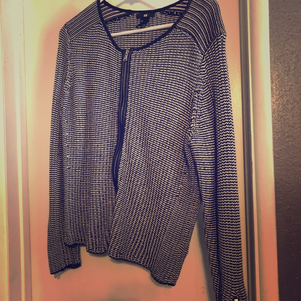 Black and white zippered front cardigan sweater